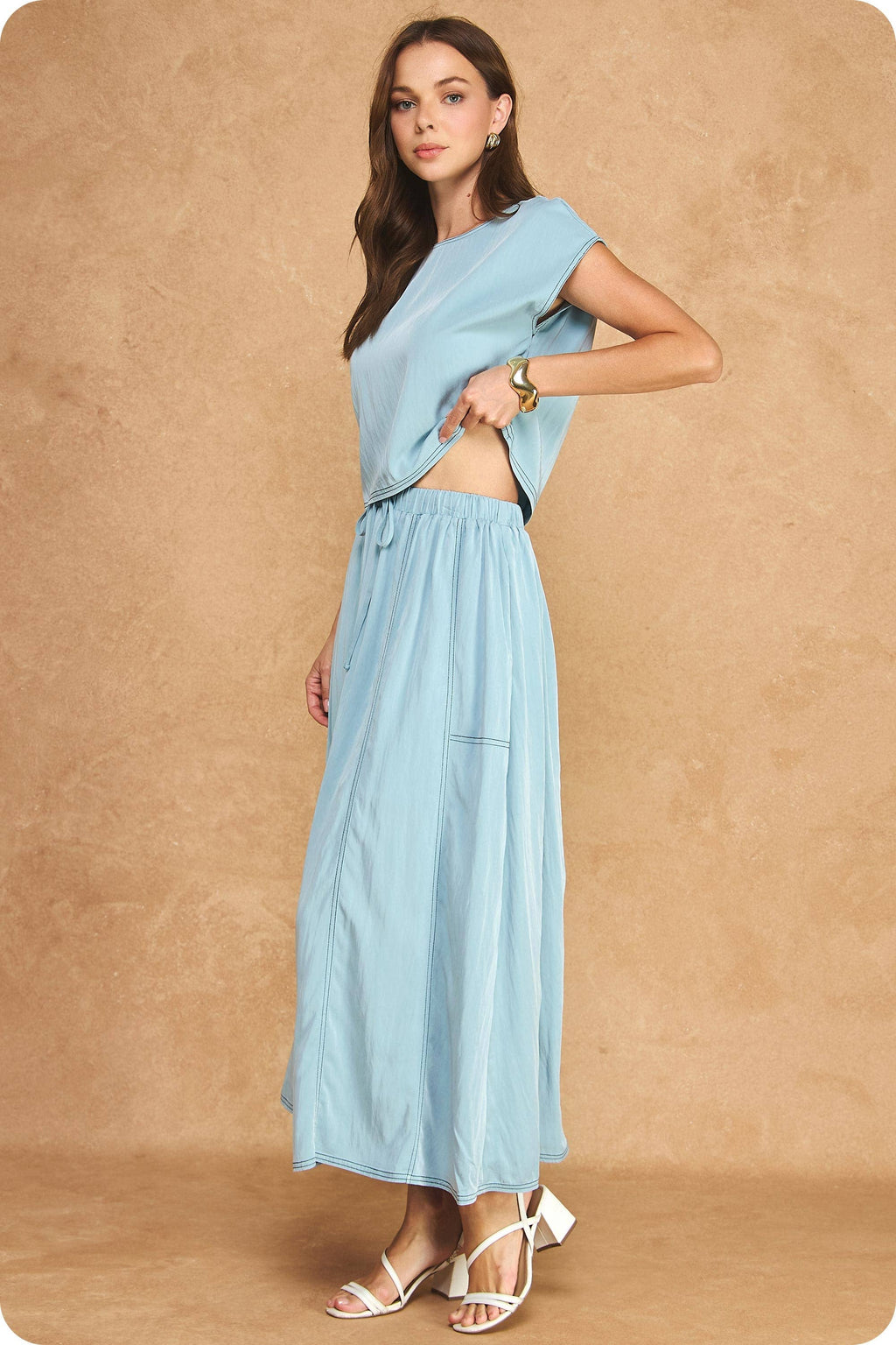 Top Stitch Cap Sleeve Top & Midi Skirt 2-Piece Set