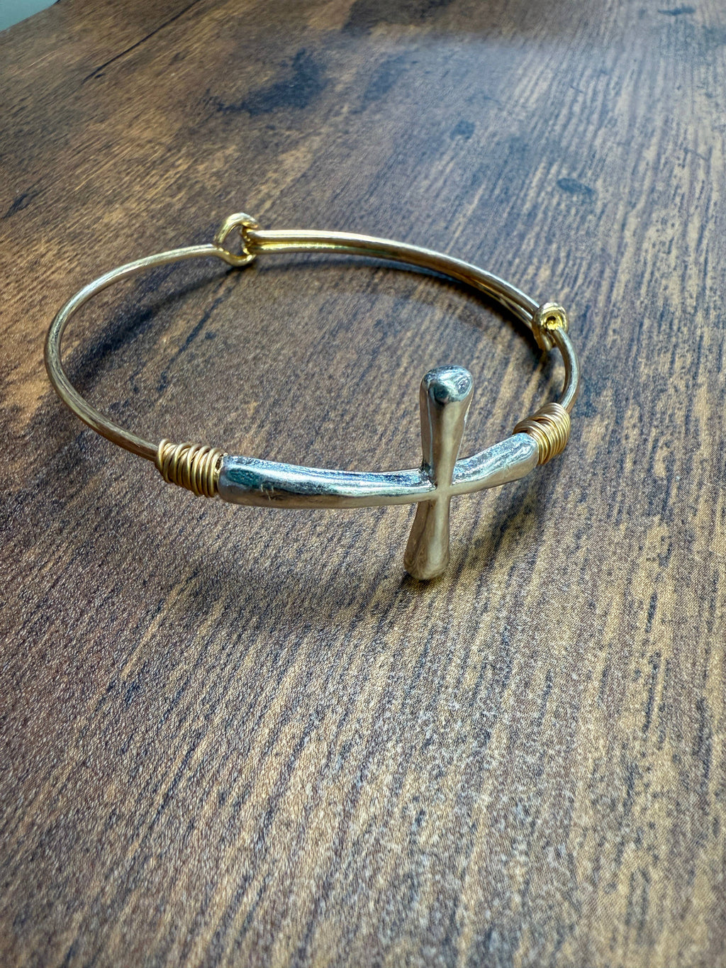 Two-tone Wire Wrapped Cross Bangle Bracelet