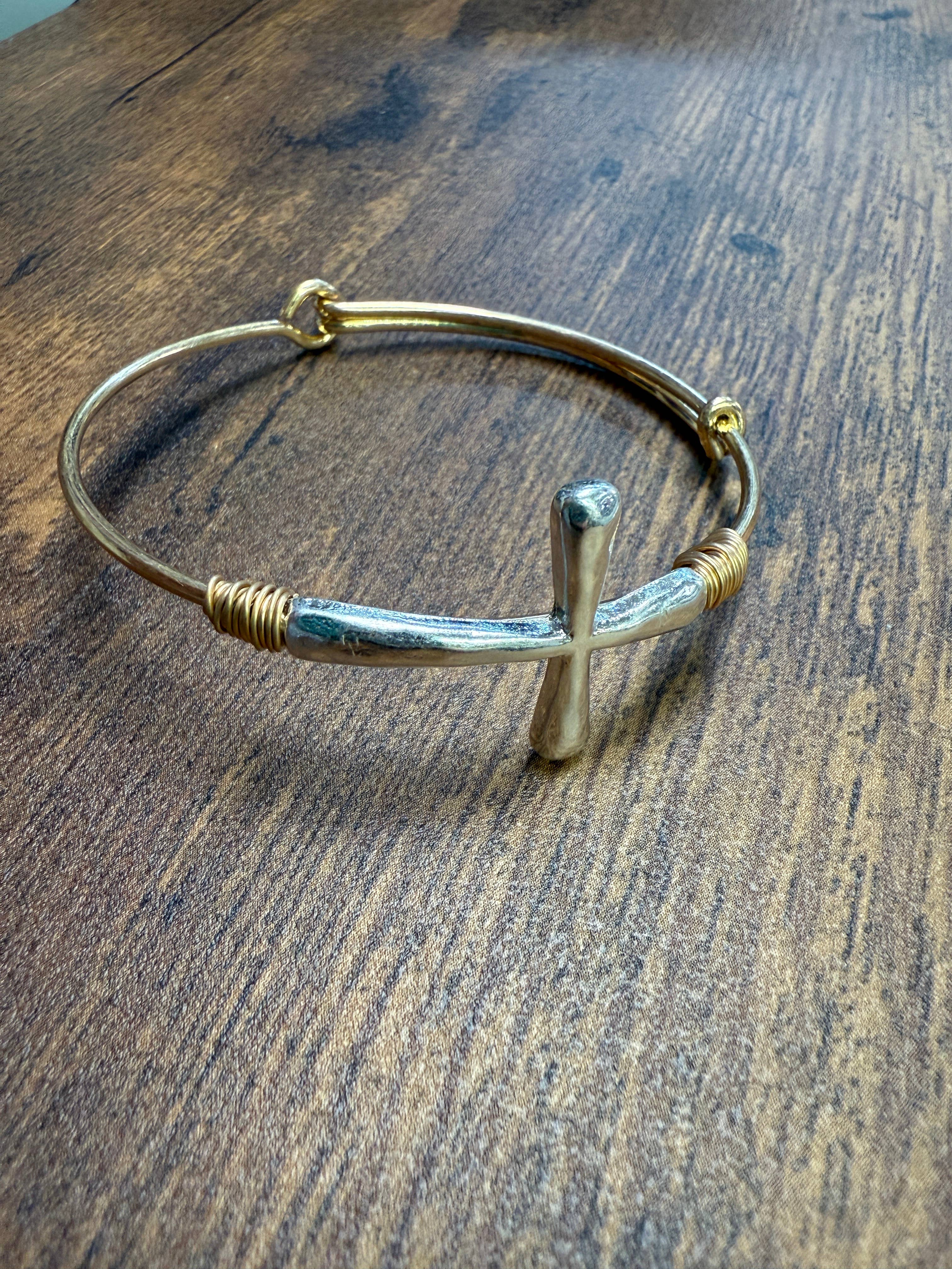 Two-tone Wire Wrapped Cross Bangle Bracelet