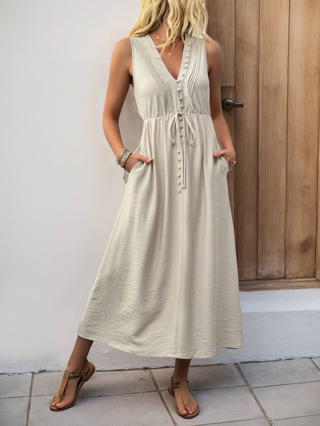 Sleeveless V Neck Maxi Dress with Button Front and Pockets