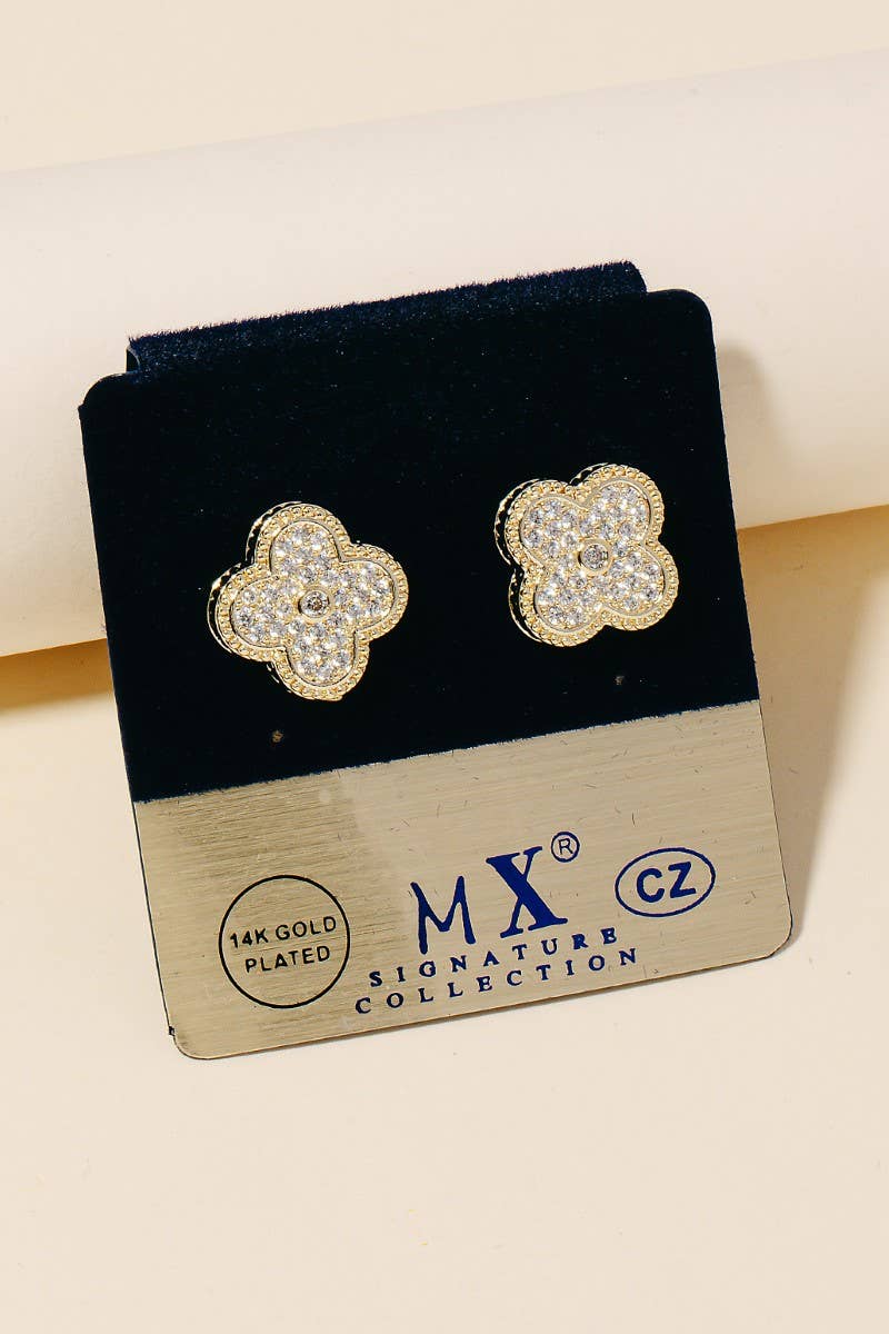 Gold Dipped Cz Pave Intricate Clover Stud Earrings