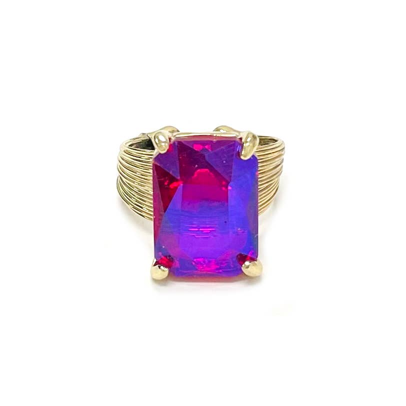 Square Glass Cushion Cut Cocktail Adjustable Wire Ring