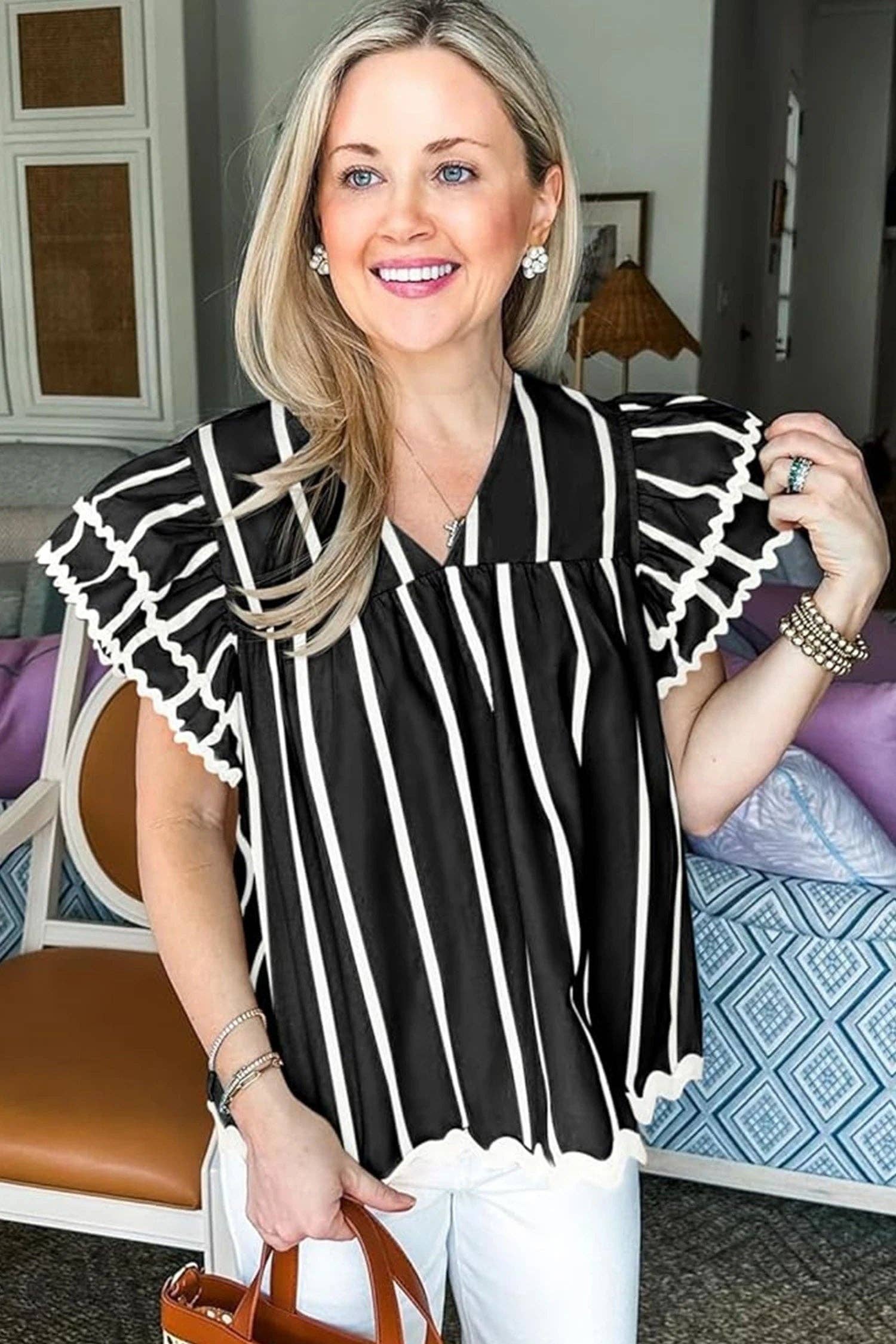 Striped V Neck Flutter Sleeve Blouse Casual Loose Top