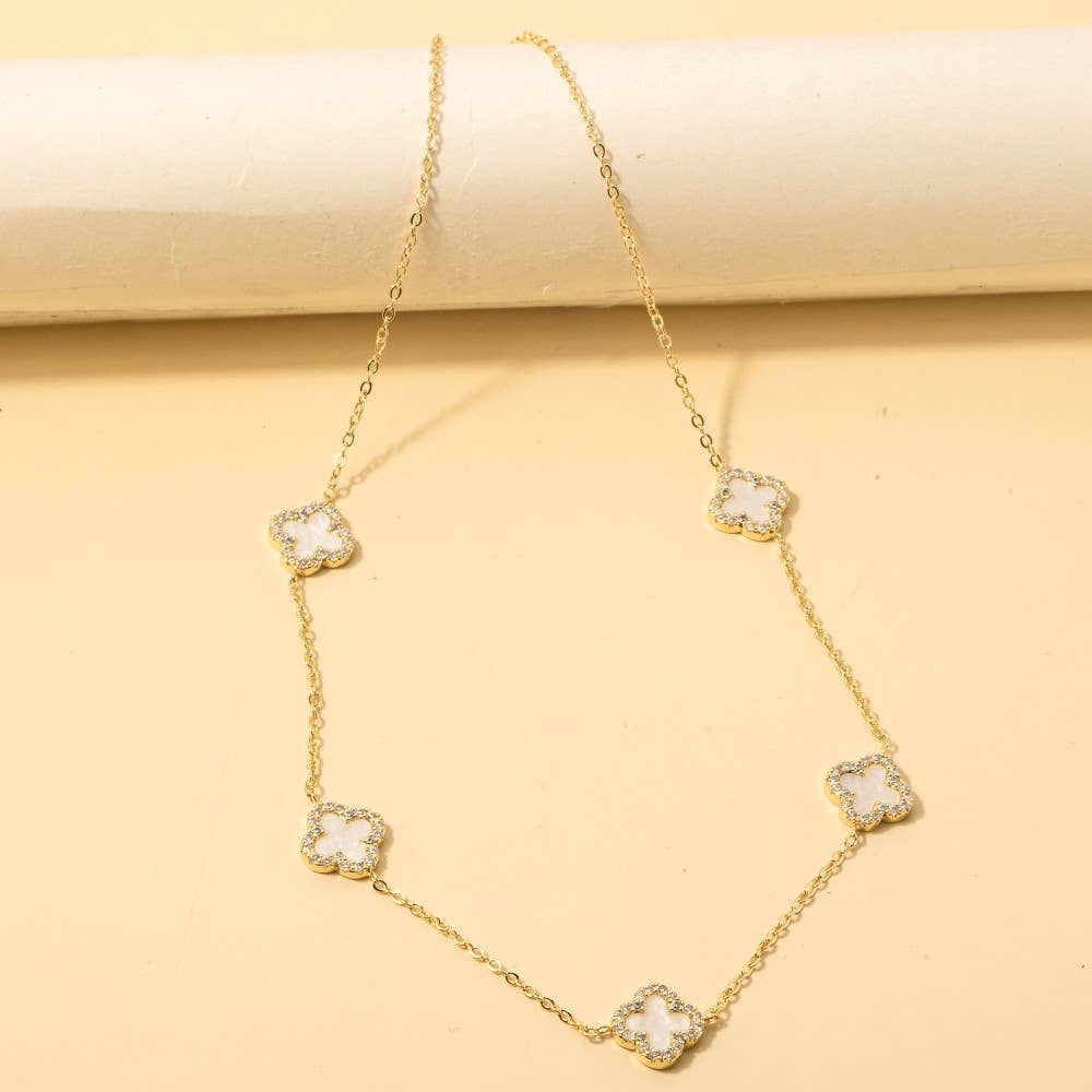 Cubic Zirconia Station Clover Chain Necklace