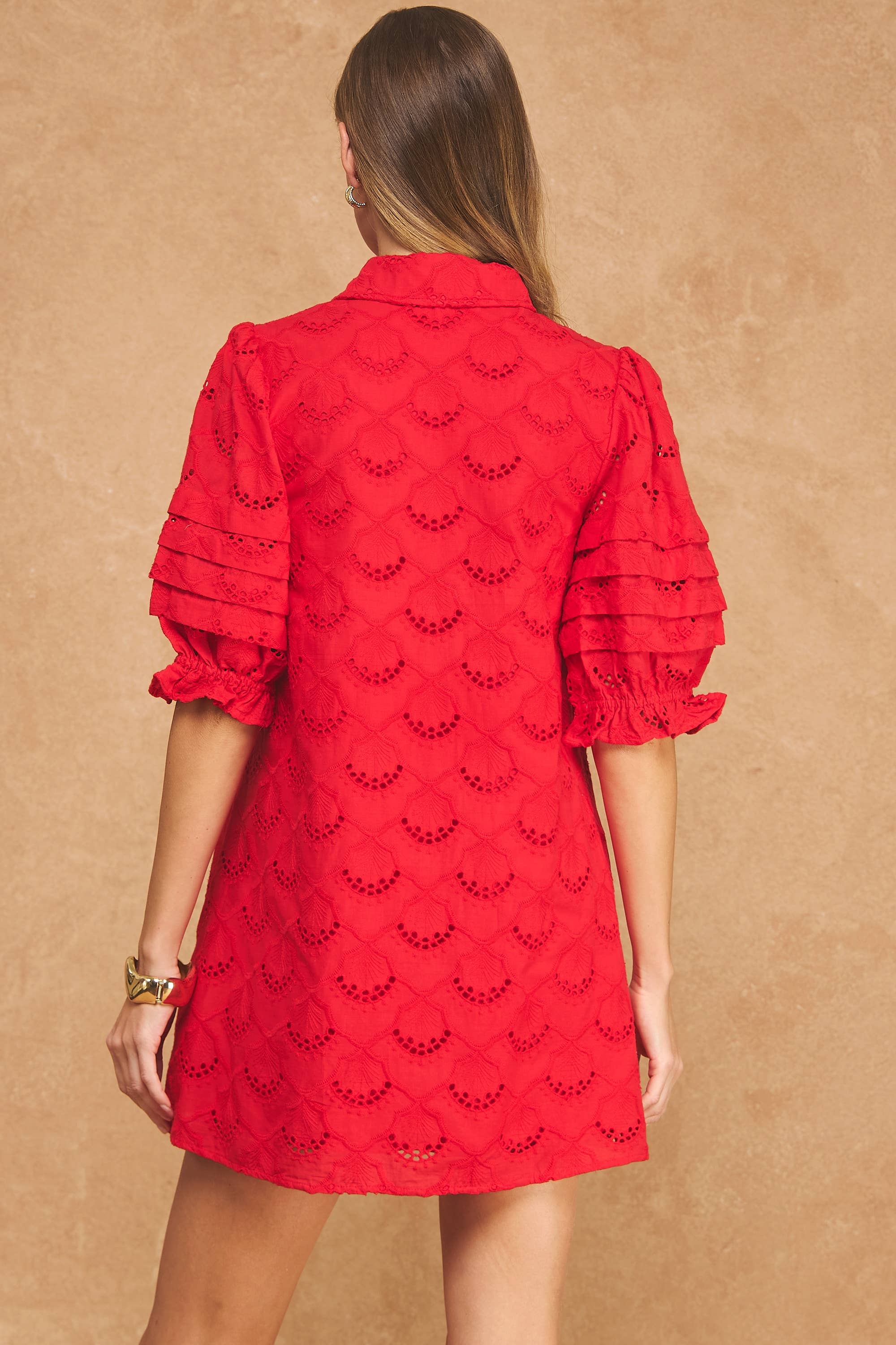 Pintuck Scalloped Eyelet Puff Sleeve Mini Shirt Dress