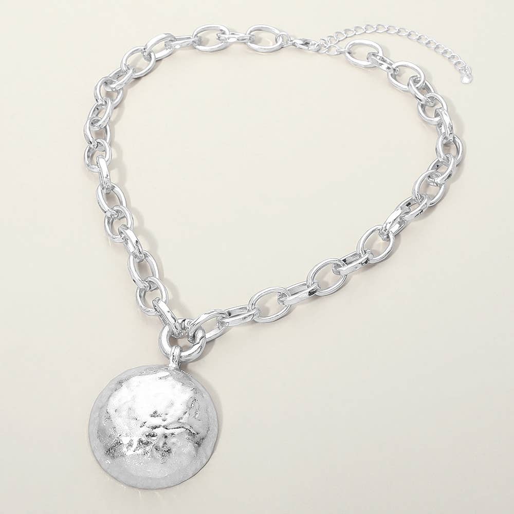 Hammered Metal Dome Disc Pendant Chunky Chain Necklace