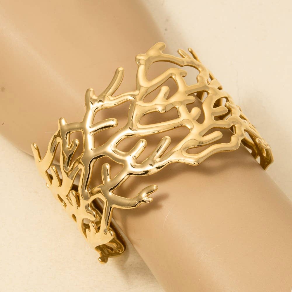 Stainless Steel Coral Pattern Wide Cuff Bracelet