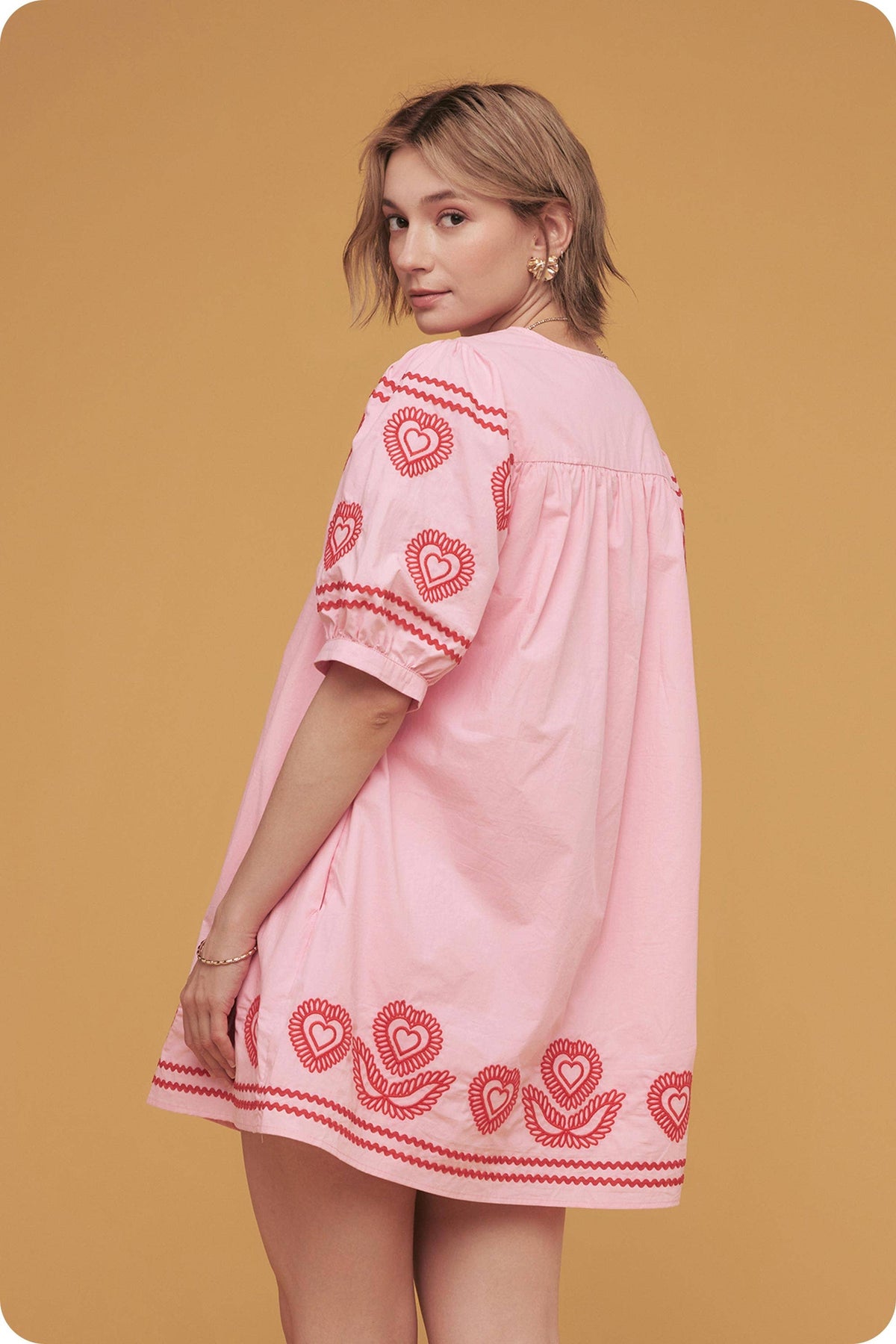 Heart Embroidery Puff Sleeve Mini Dress