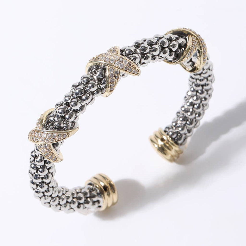 3 CZ Pave With X Accents Textured Cuff Bracelet