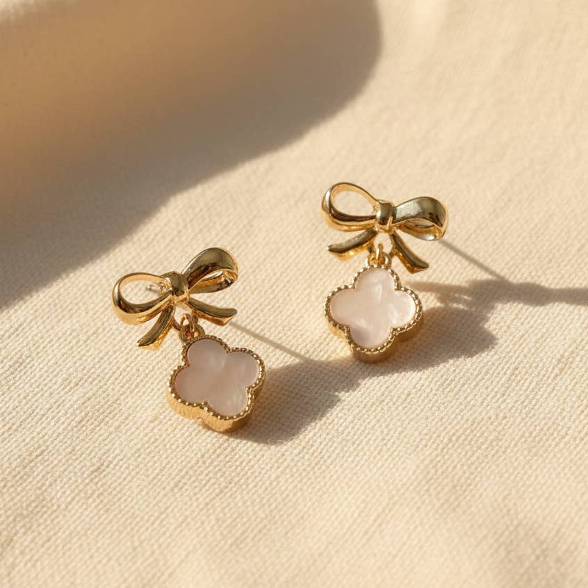 Mother of Pearl Clover Charm w/ Ribbon Dangle Stud Earrings