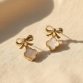 Mother of Pearl Clover Charm w/ Ribbon Dangle Stud Earrings