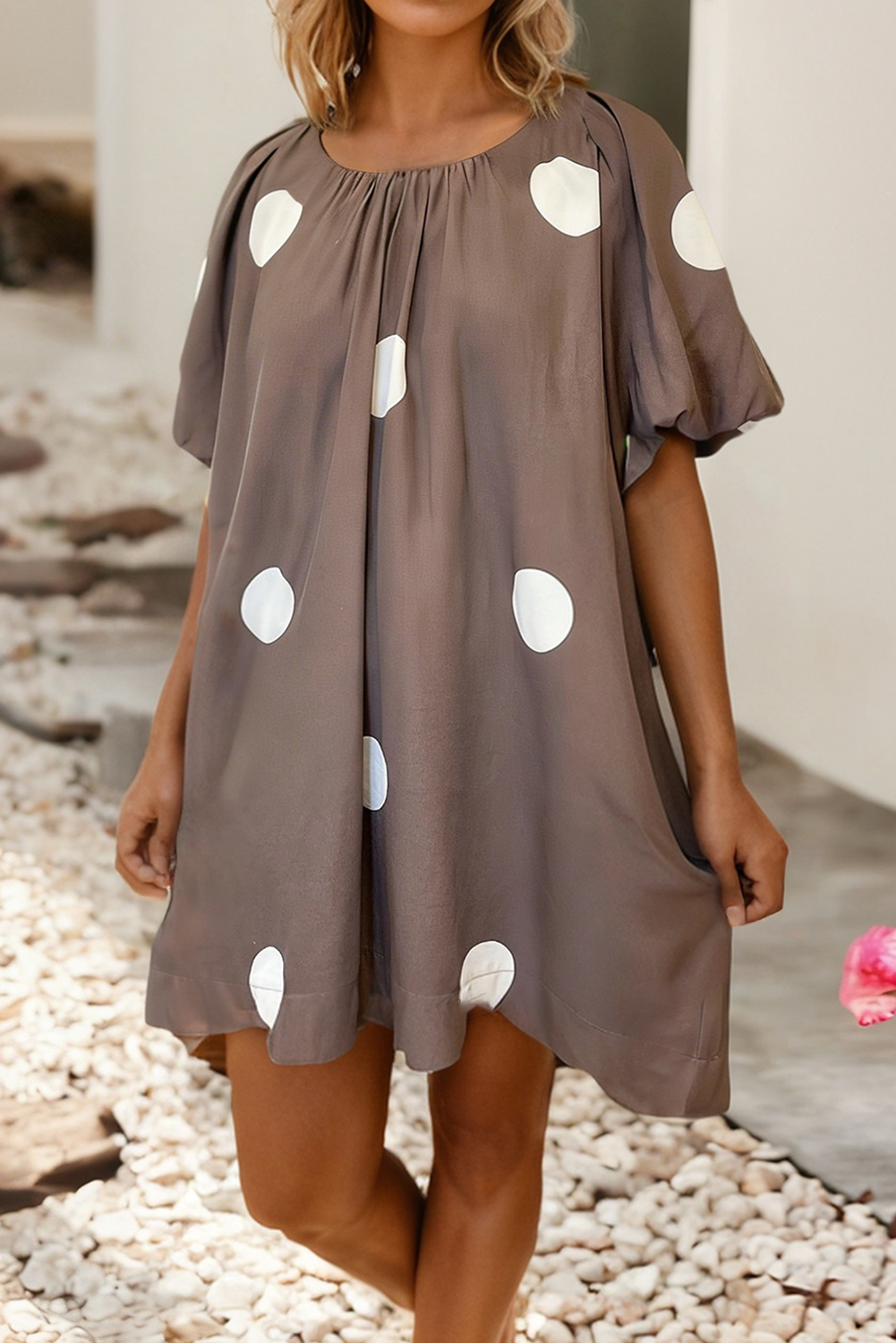 LDC Polka Dot Knot Back Short Puff Sleeve Loose Mini Dress