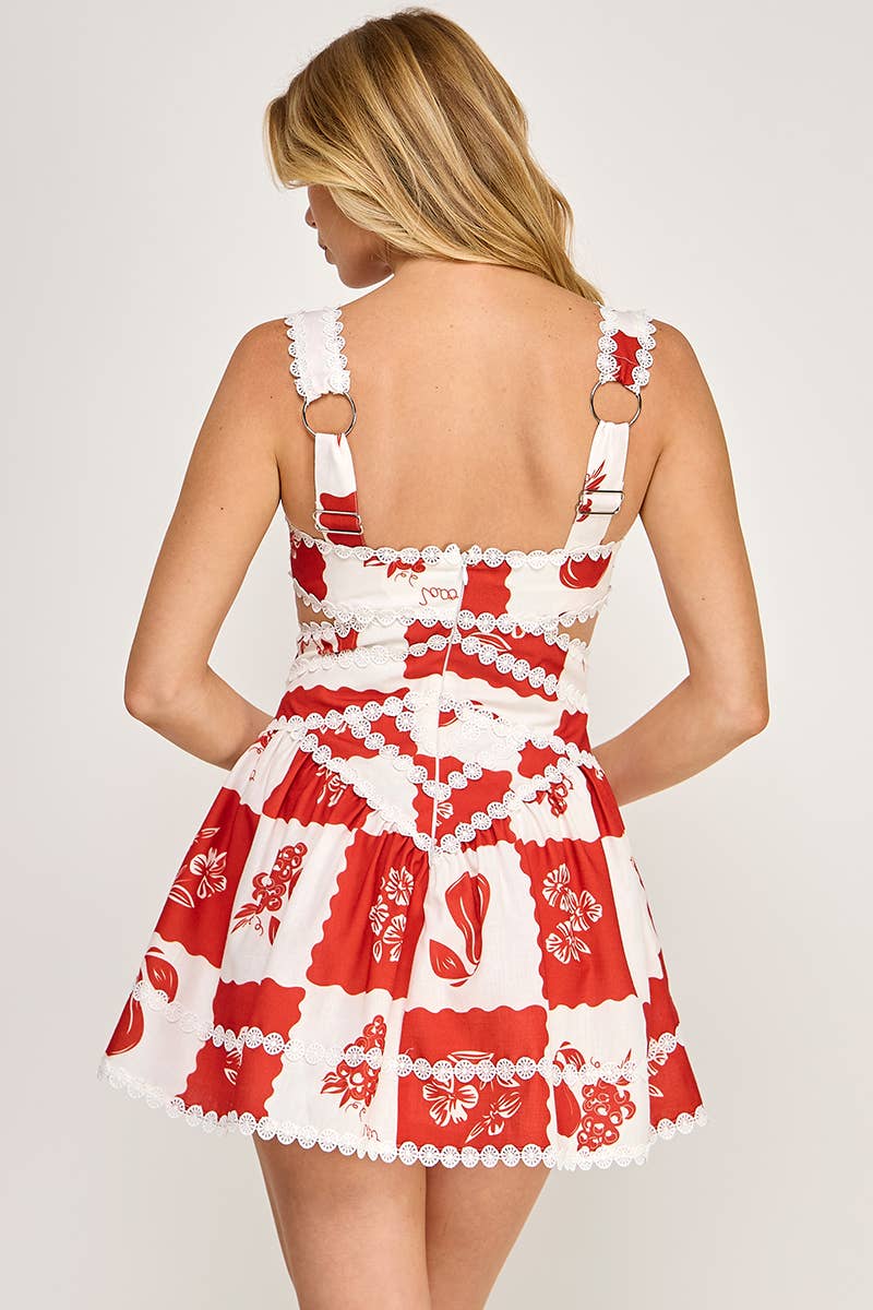 VID51828 - Linen Sleeveless Floral Lace Mini Dress