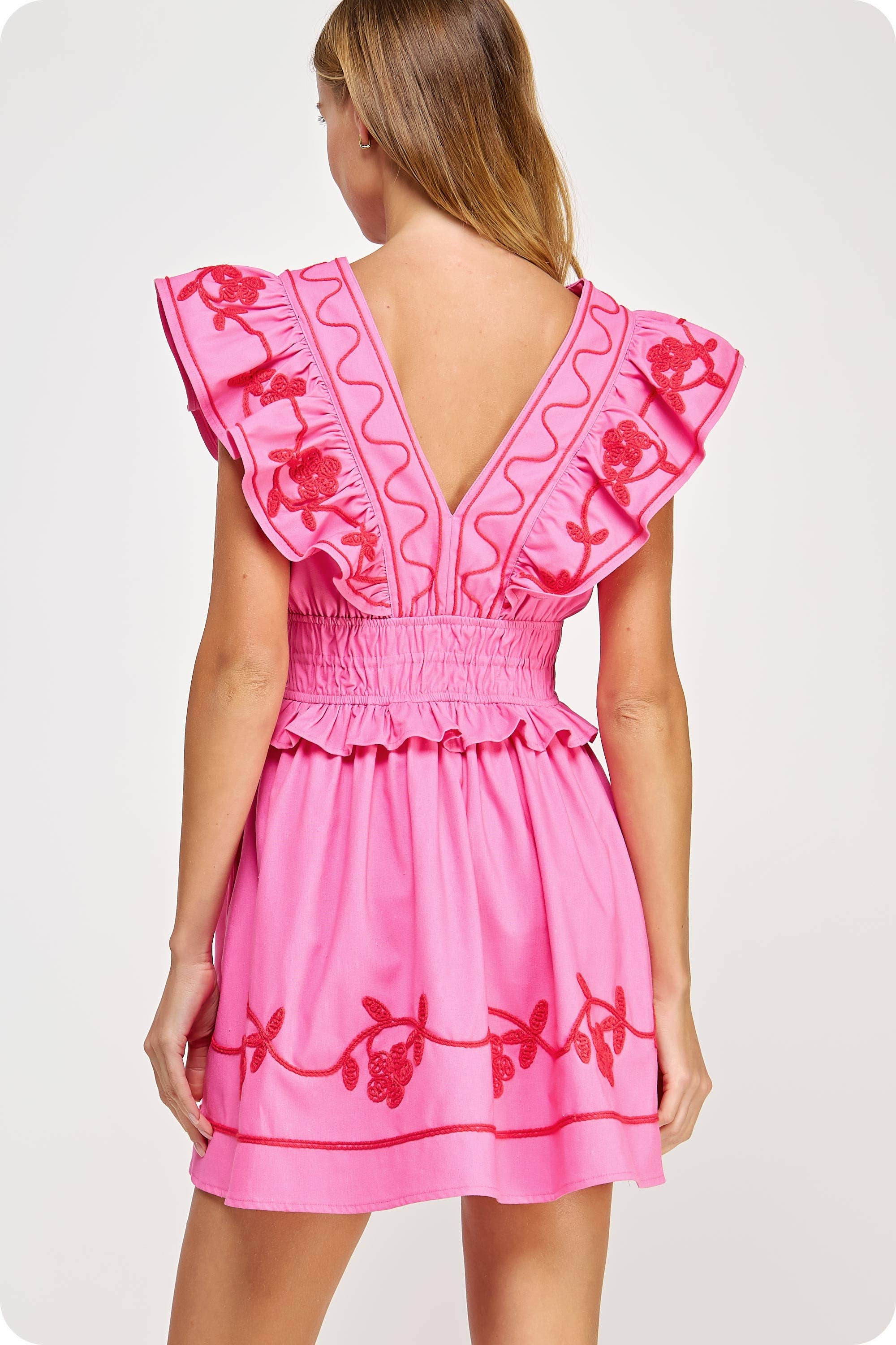 Embroidery Detail Ruffle Linen Mini Dress