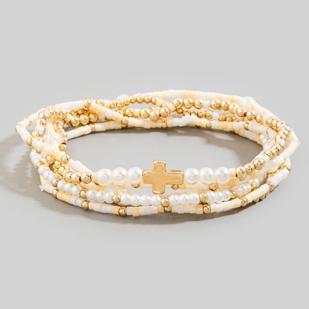 Cross Charm Mixed Beaded Bracelets Set