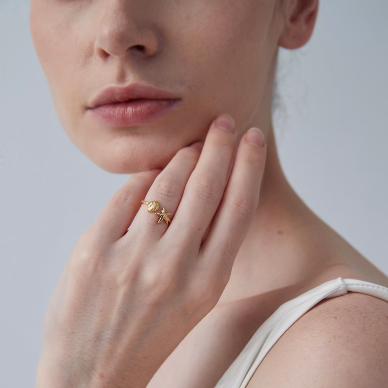 Seashell Starfish Ocean Beach Ring in 925 Sterling Silver