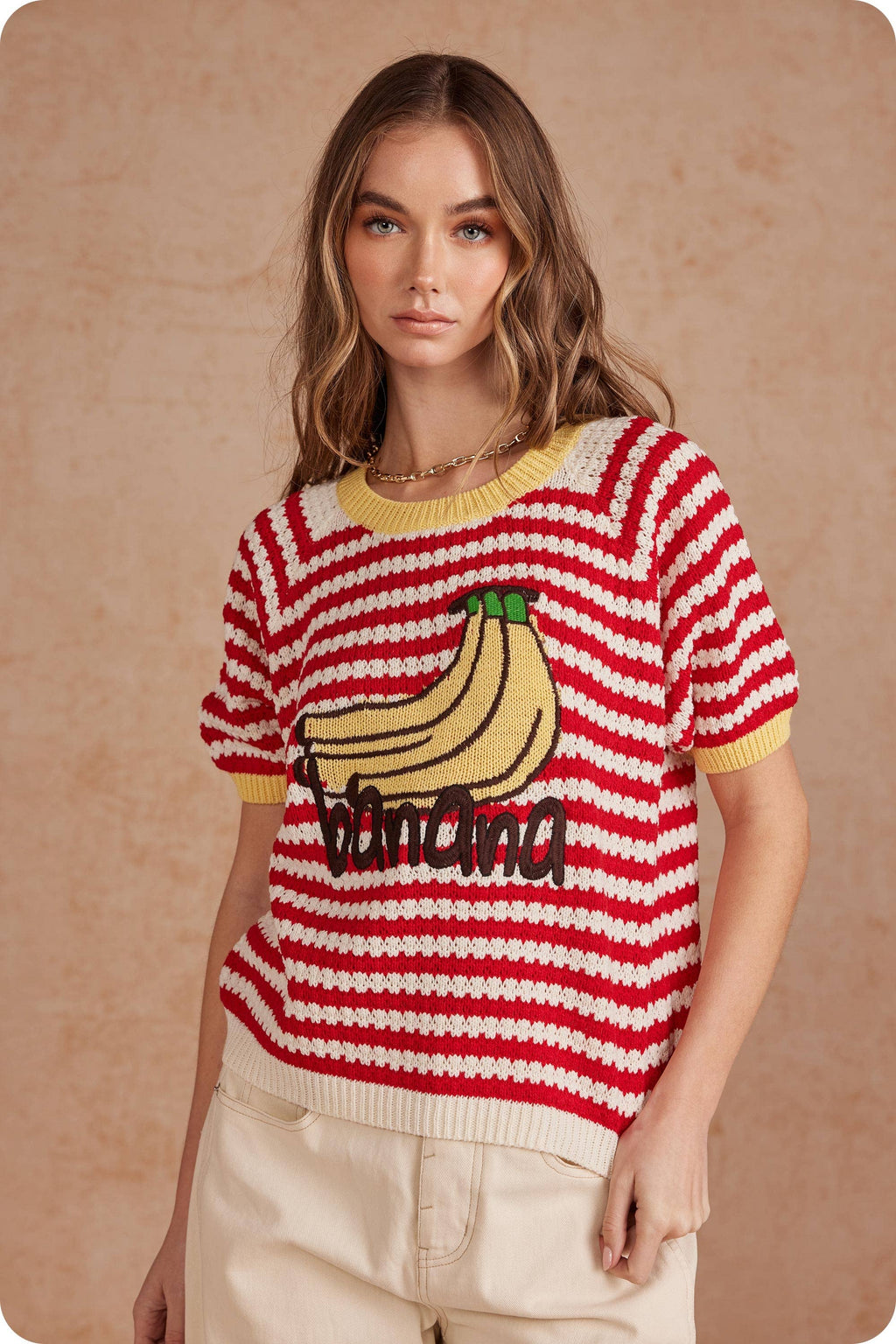 Playful Striped Banana Graphic Short Sleeve Sweater Top