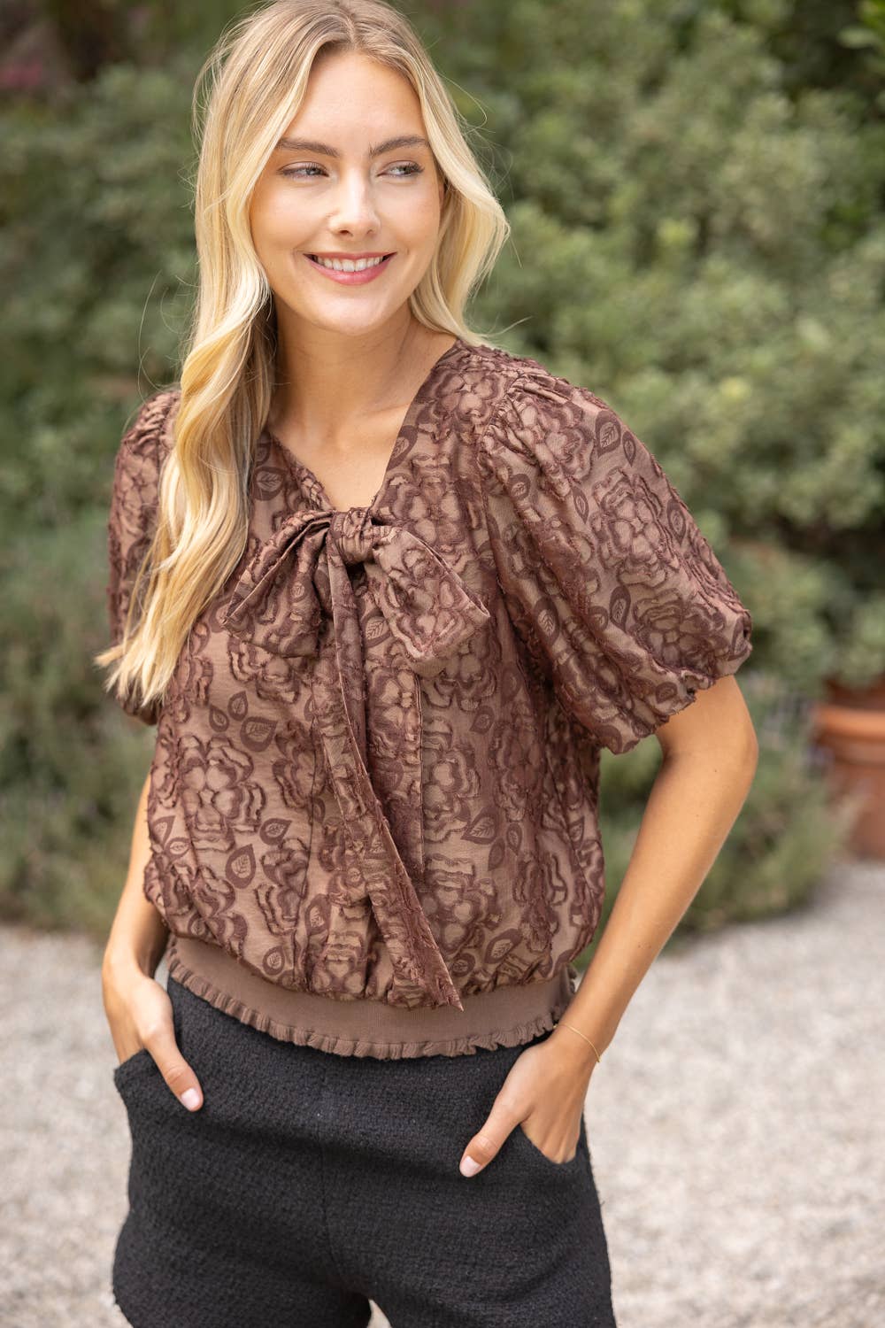 36917 Large Front Bow Detail Burn Out Floral Top
