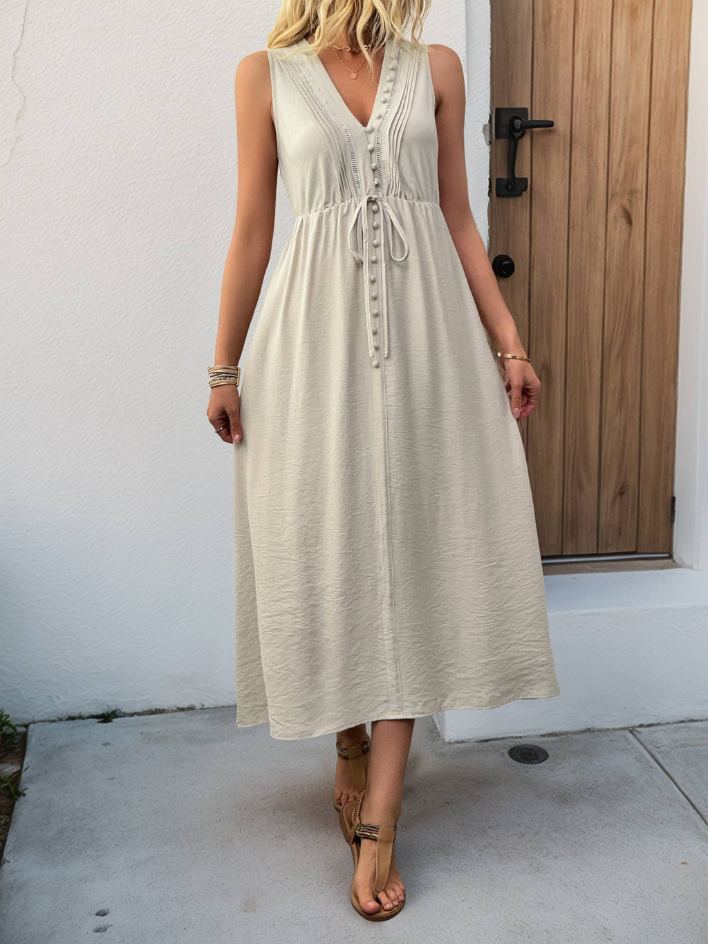 Sleeveless V Neck Maxi Dress with Button Front and Pockets
