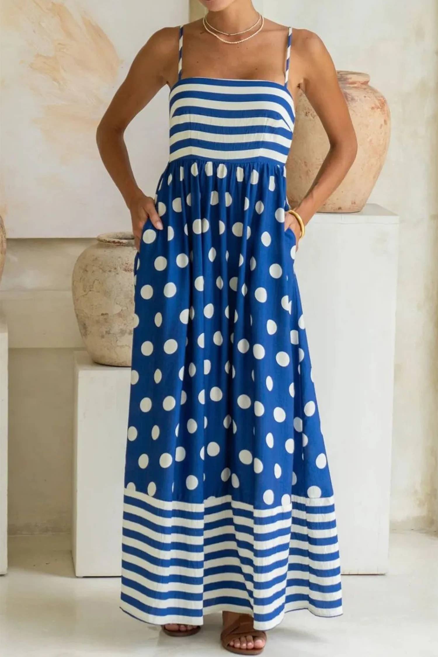 LDC Polka Dot Patchwork High Waist Maxi Dress