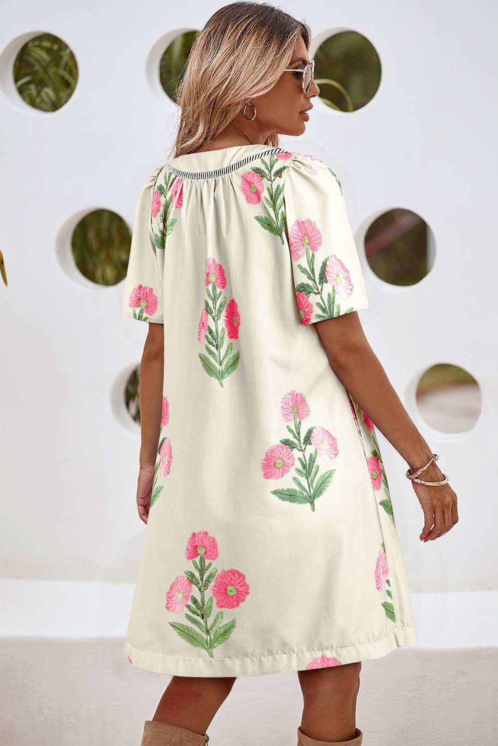 LDC Floral Short Sleeve Split Neck Mini Dress