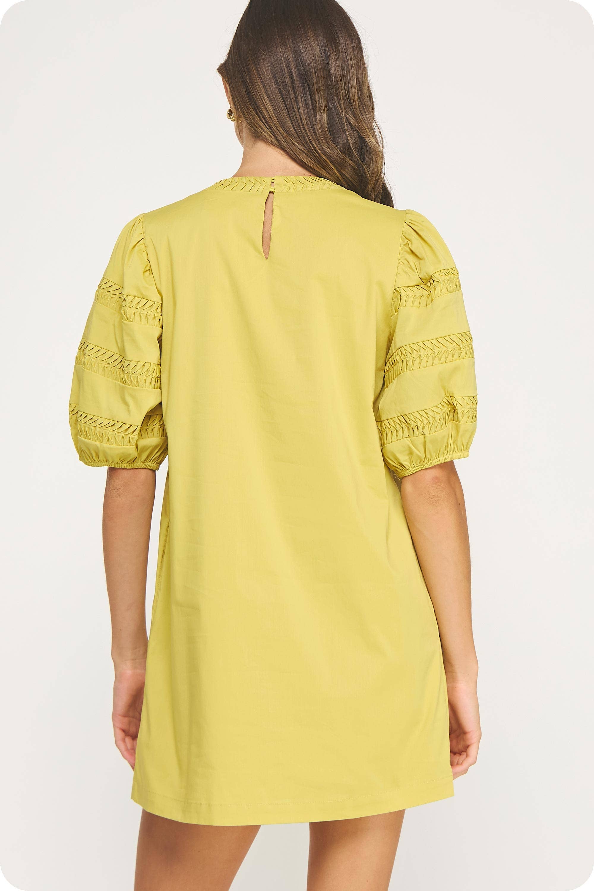 Reverse Pintuck Puff Sleeve Mini Dress