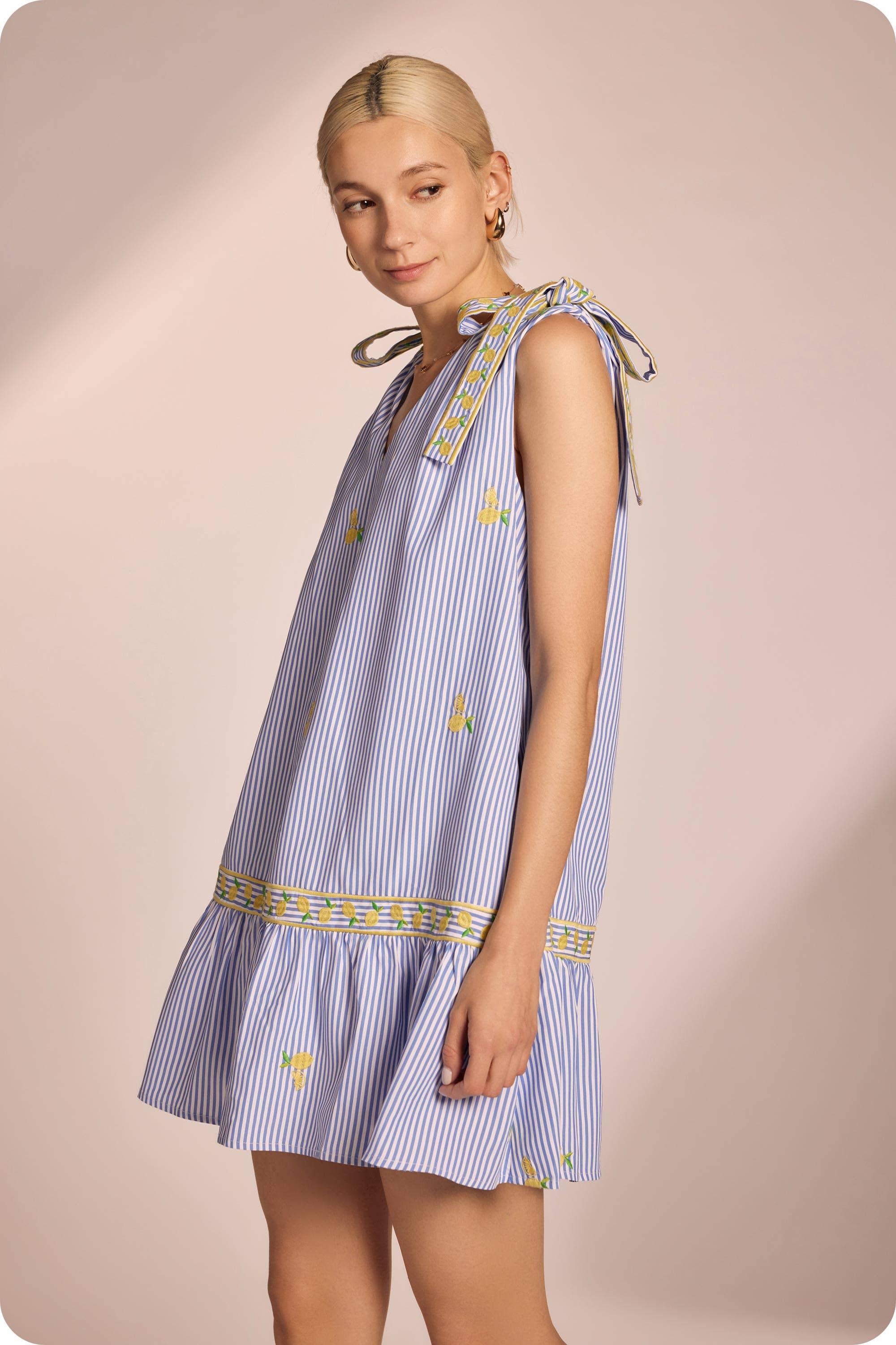 Lemon Embroidery Bow Strap Detail Stripe Mini Dress