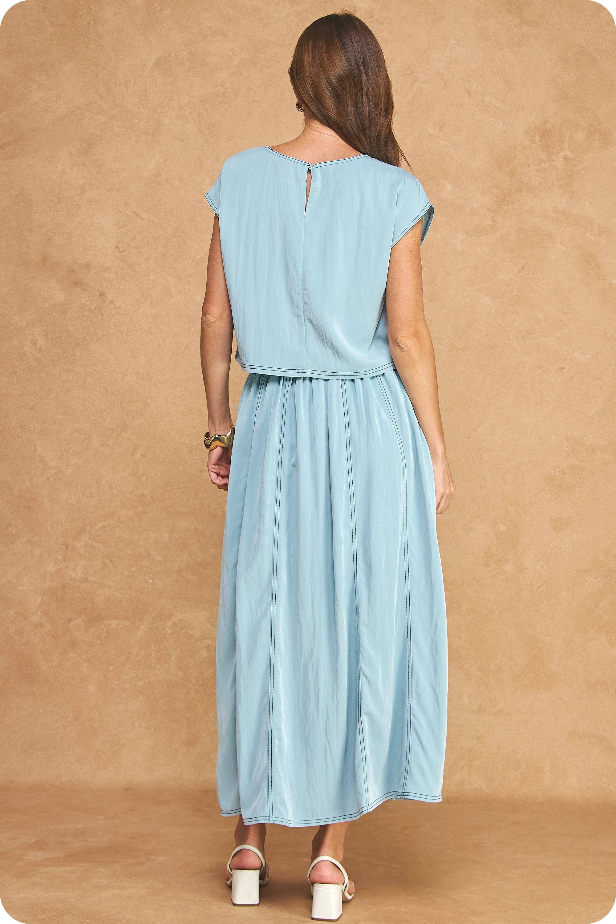 Top Stitch Cap Sleeve Top & Midi Skirt 2-Piece Set