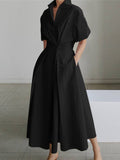 High Waisted Loose Pleated Solid Color V-Neck Midi Dresses