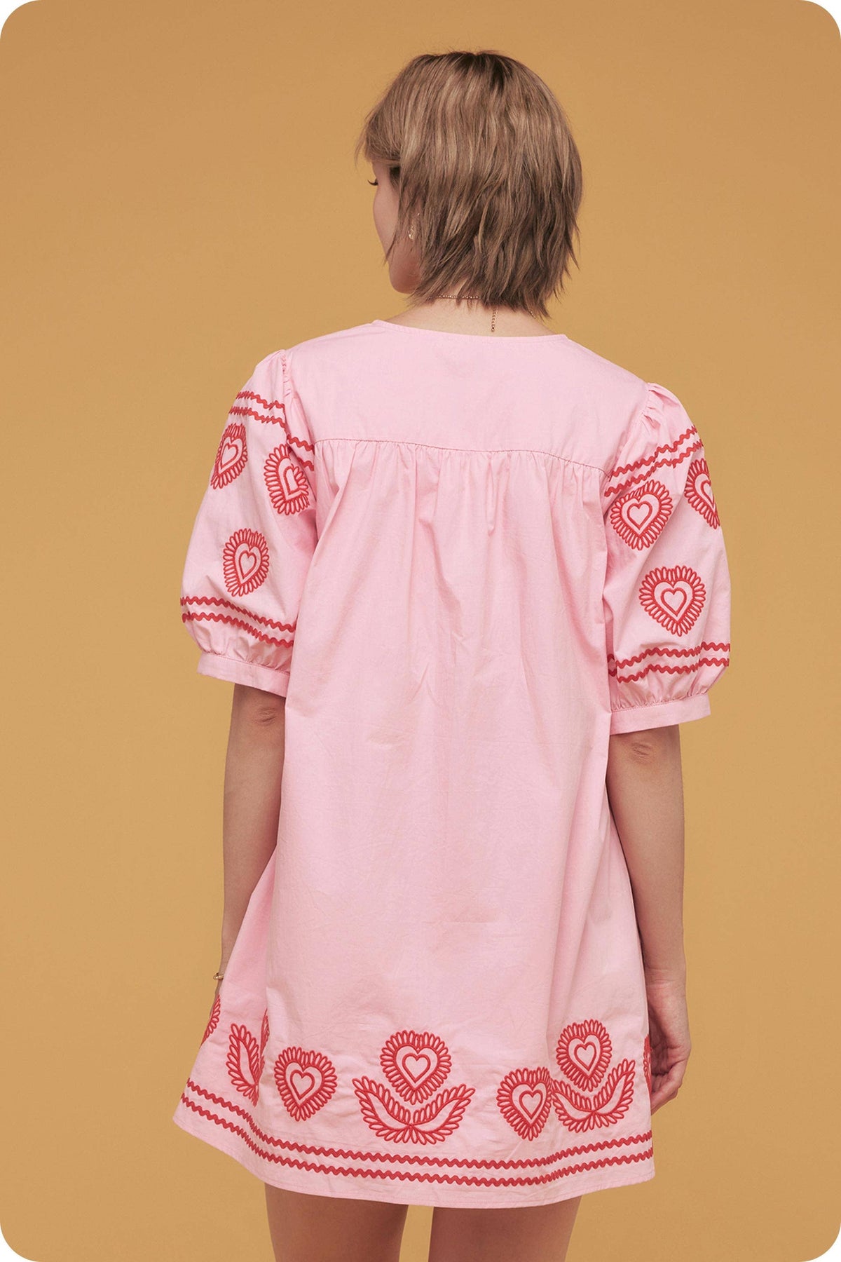 Heart Embroidery Puff Sleeve Mini Dress