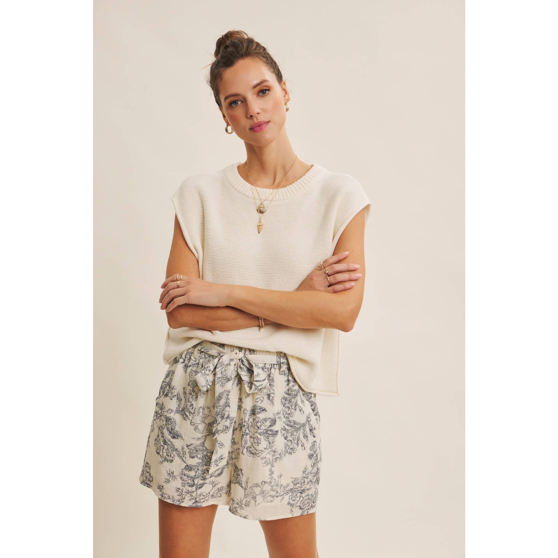 PARISIAN CHARM AIRY TOILE PRINT SHORTS WITH WAIST TIE
