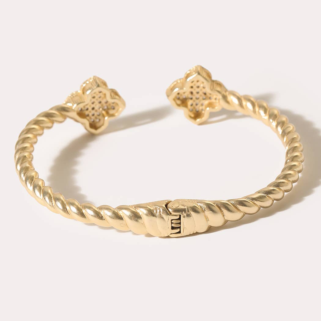 Matte Gold Hematite CZ Clover Open Cuff Bracelet