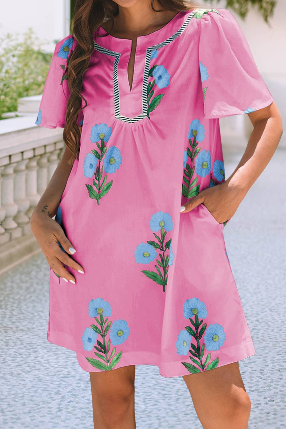 LDC Floral Short Sleeve Split Neck Mini Dress