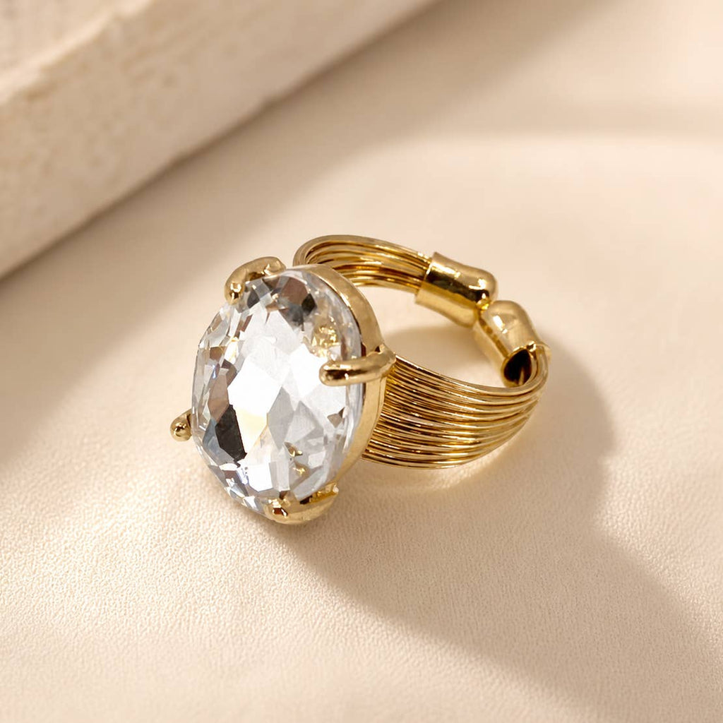 Oval Crystal Glass Single Stone Cocktail ADJ Wire Rings