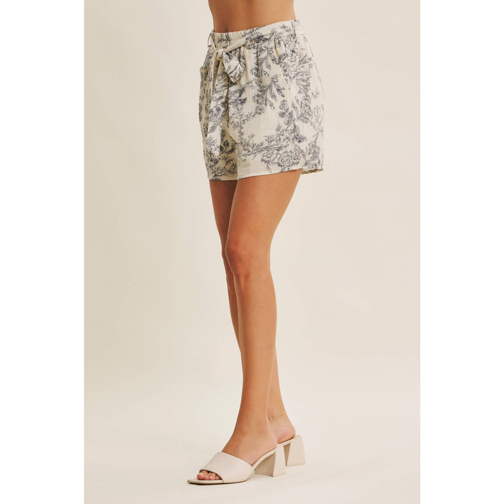 PARISIAN CHARM AIRY TOILE PRINT SHORTS WITH WAIST TIE
