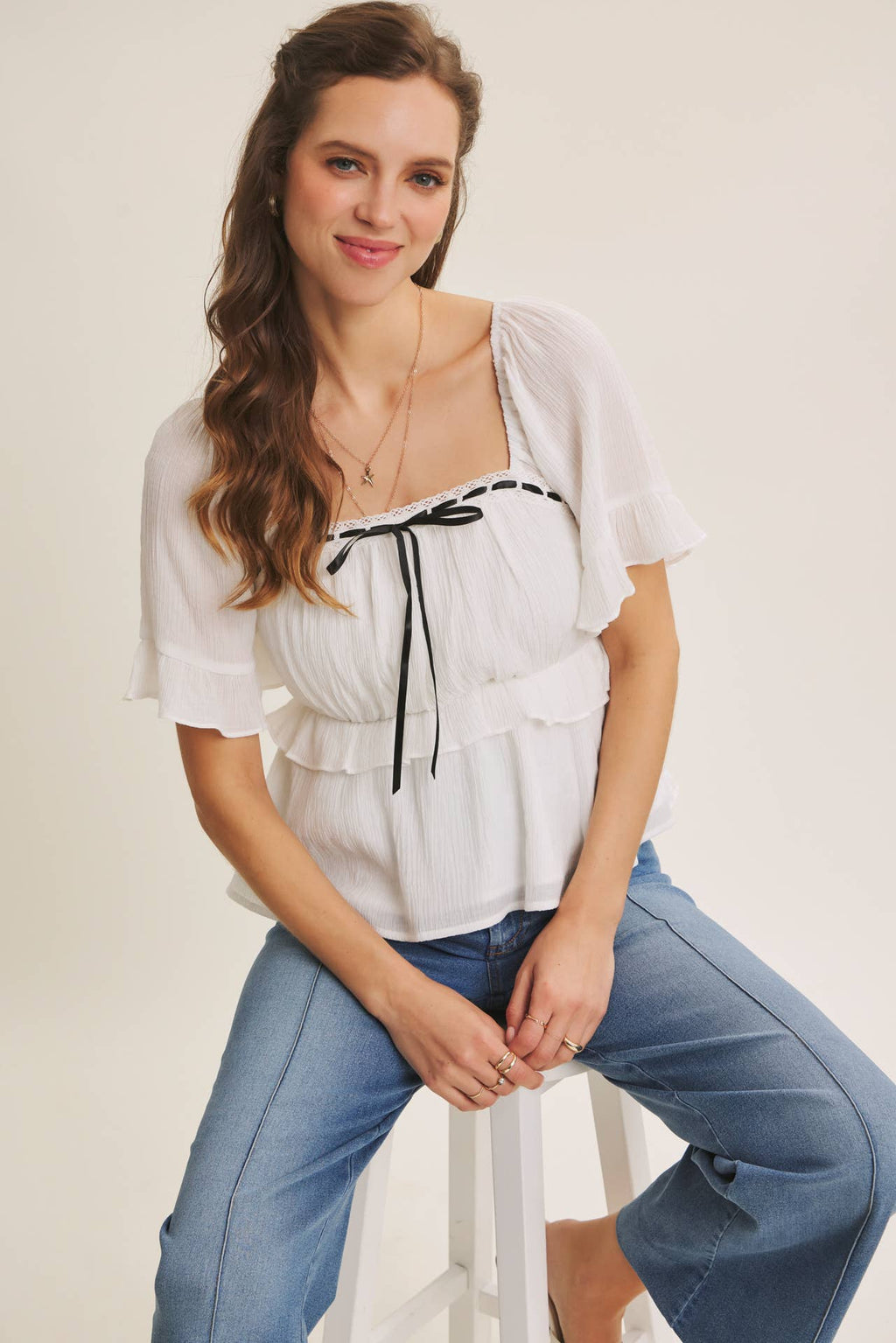 STRETCHY PINTUCK ANKLE LENGTH WIDE-LEG DENIM PANTS