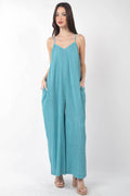 NP70209-Sleeveless Pleated Wide Leg Jumpsuit w/ Pockets