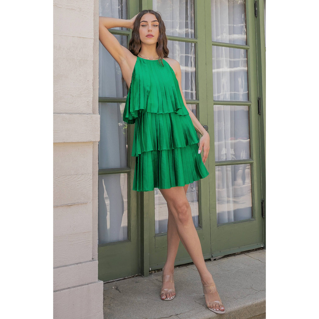 Pleated Satin Tiered Dress