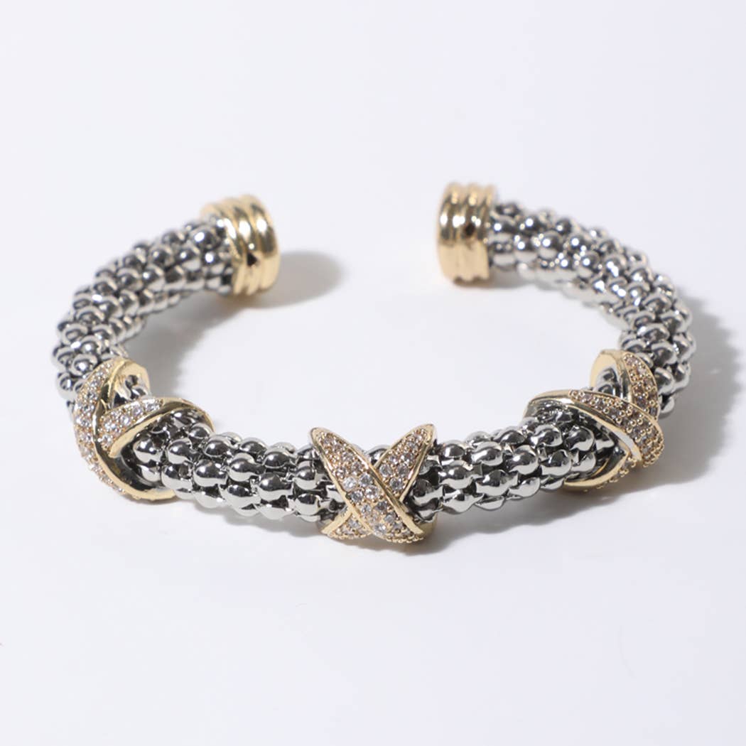3 CZ Pave With X Accents Textured Cuff Bracelet