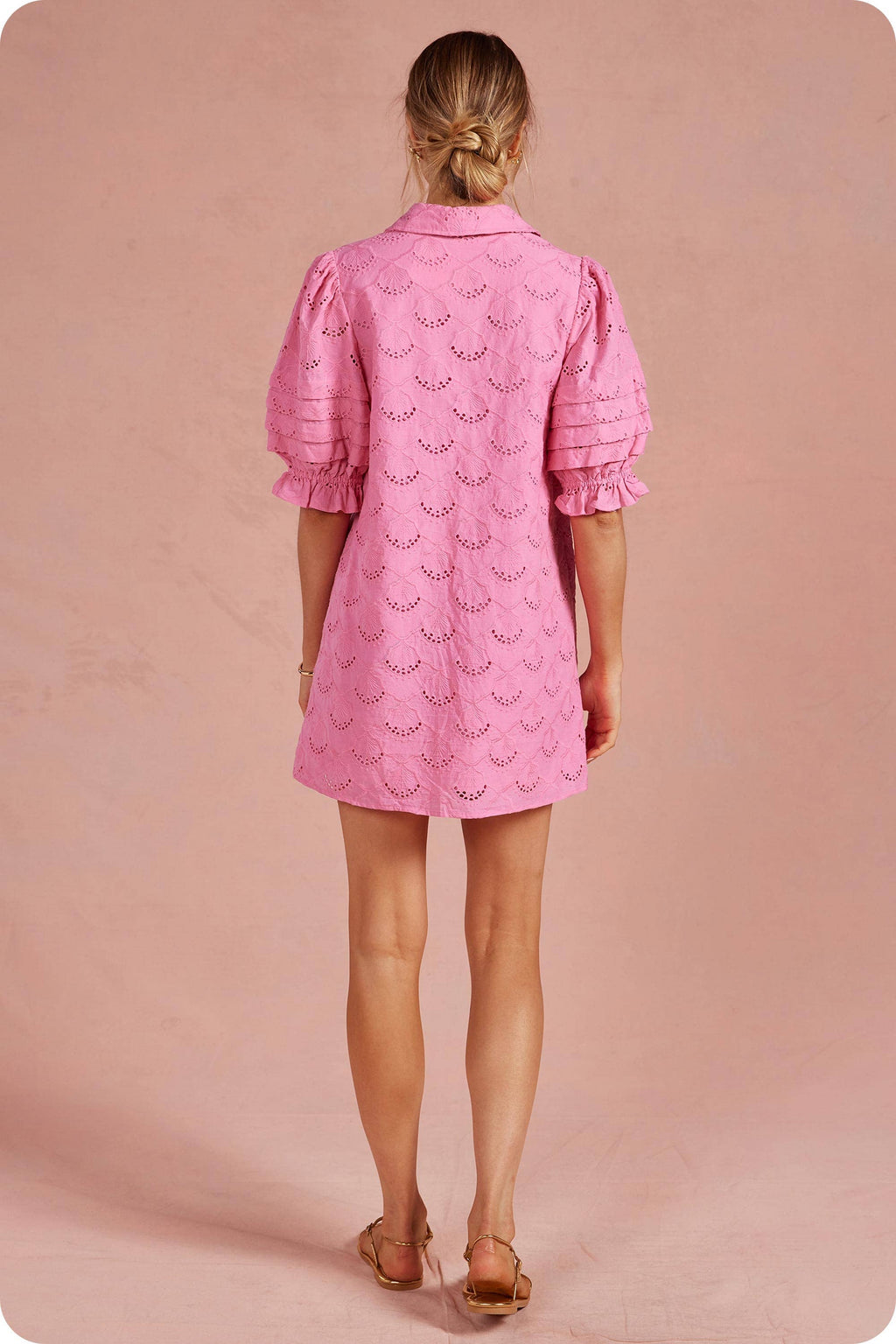 Pintuck Scalloped Eyelet Puff Sleeve Mini Shirt Dress