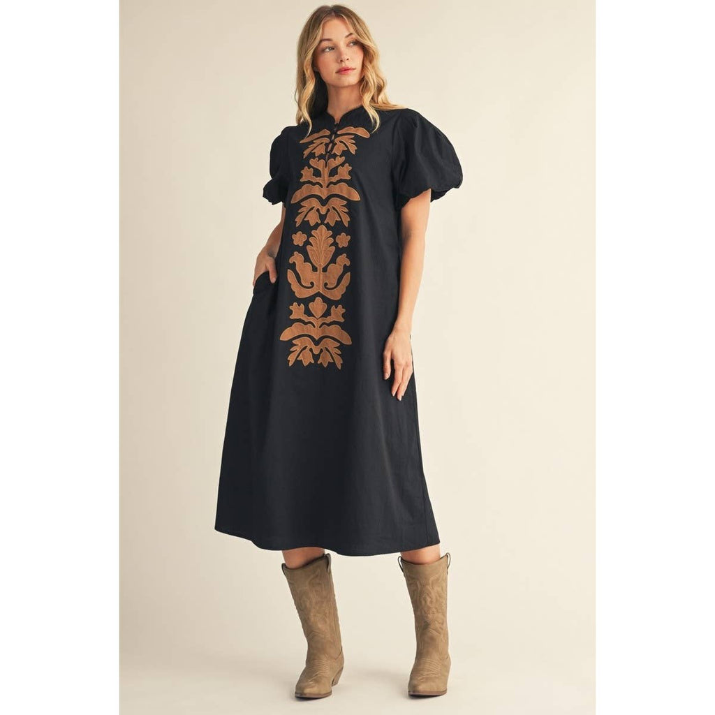 Applique Accent Puff Sleeves Midi Dress
