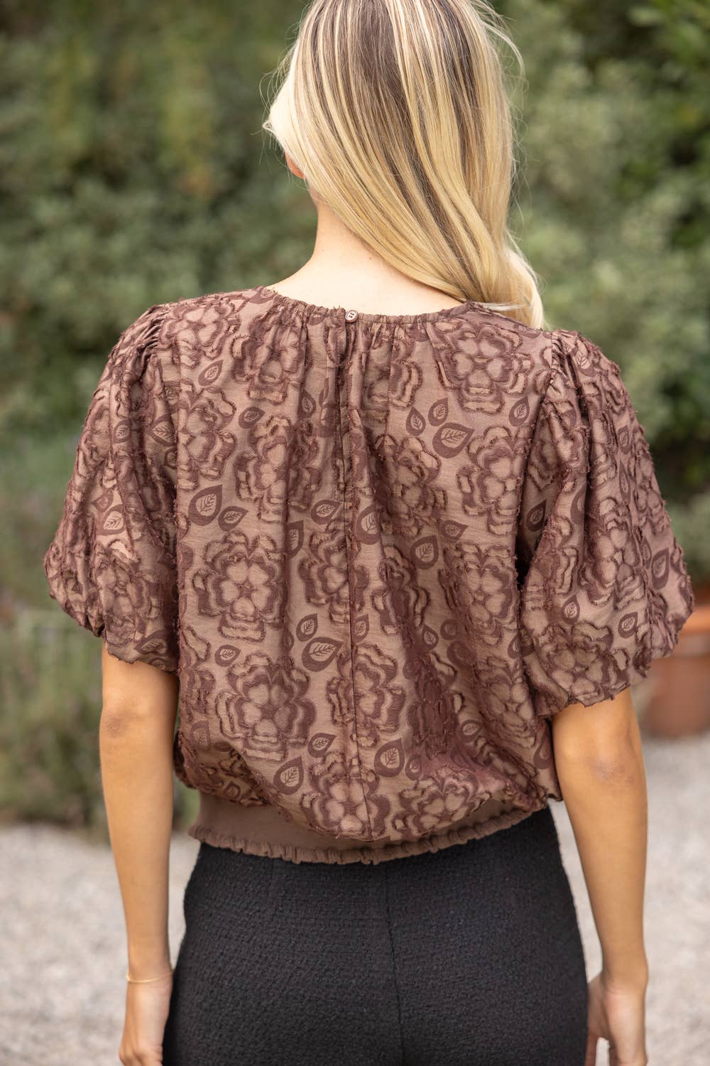 36917 Large Front Bow Detail Burn Out Floral Top