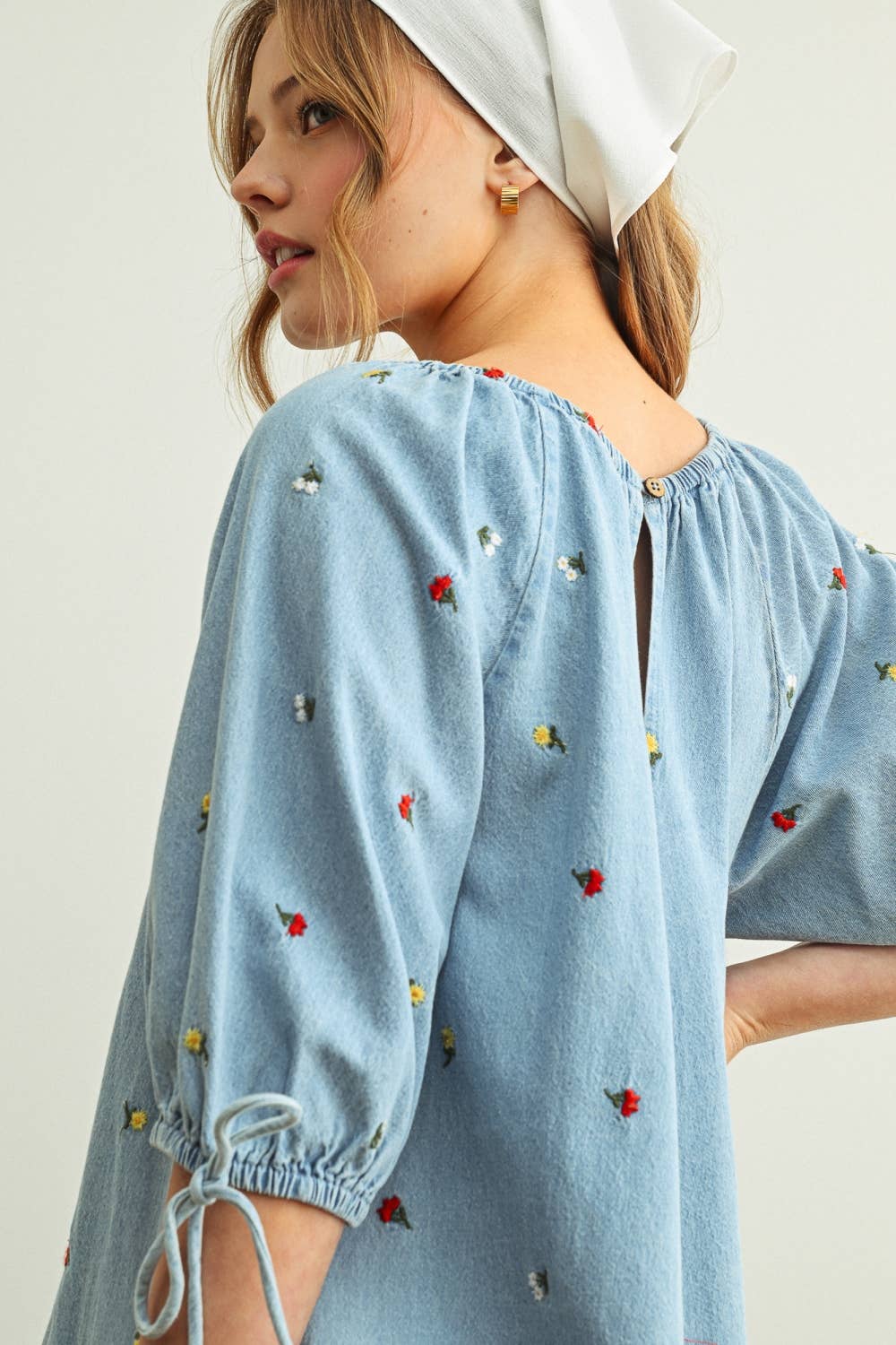 R5823   EMBROIDERED DENIM ROMPER WITH 3/4 SLEEVE