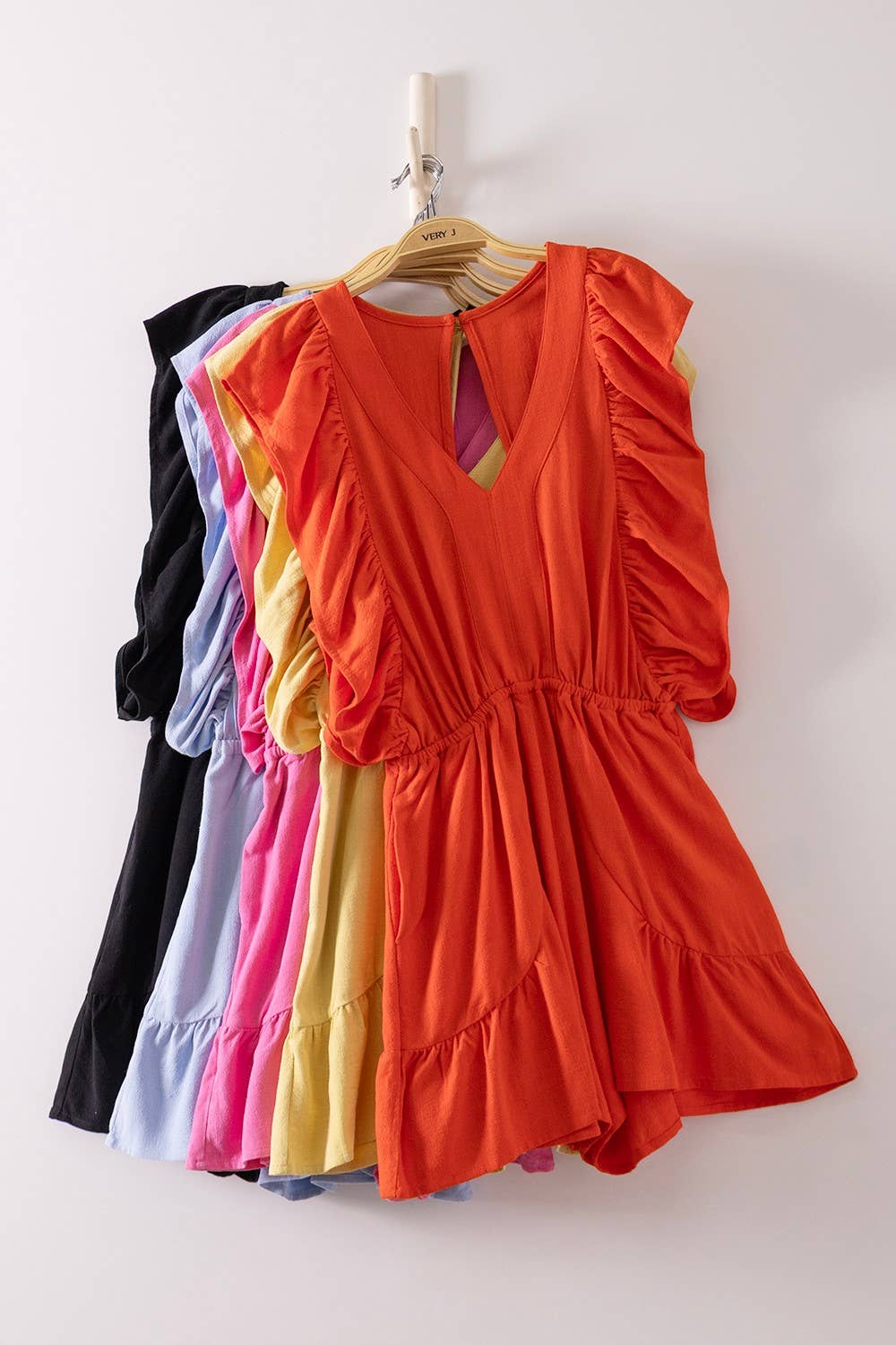 NP71067-Back Cutout Detail Ruffled Sleeve Romper