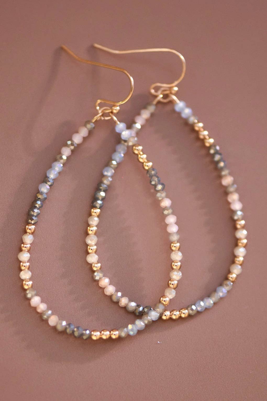 Teardrop Wire Beaded Glass Crystal Earrings - 7699