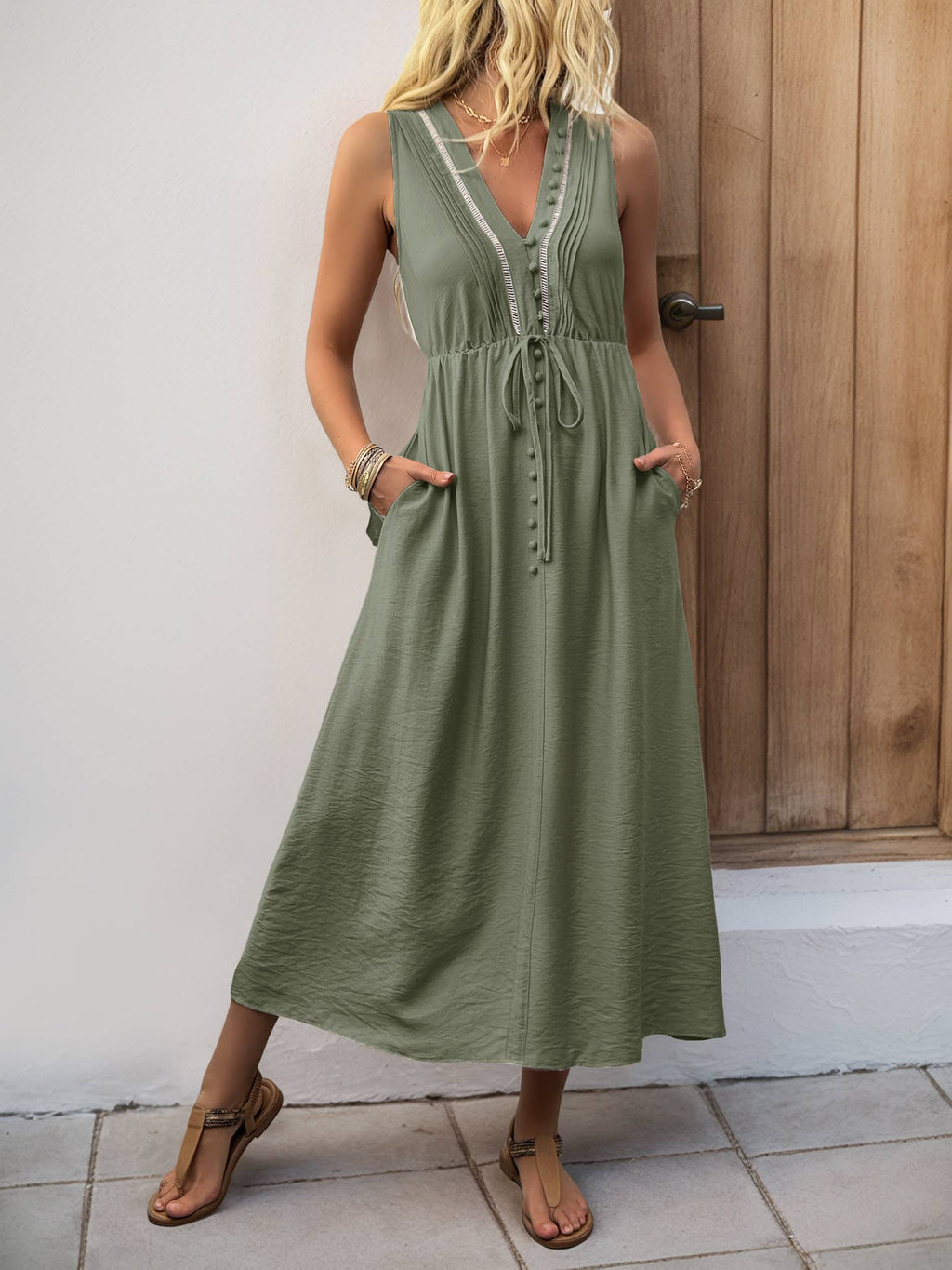 Sleeveless V Neck Maxi Dress with Button Front and Pockets
