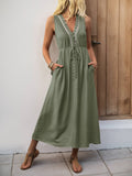 Sleeveless V Neck Maxi Dress with Button Front and Pockets