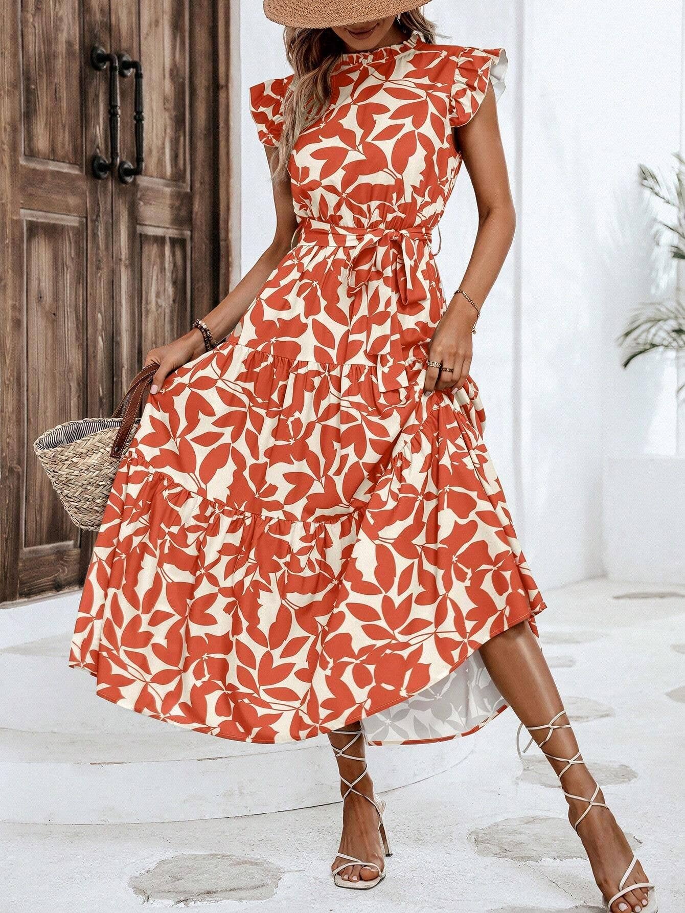 Fashion wooden ears fly-sleeve lace-up long dress