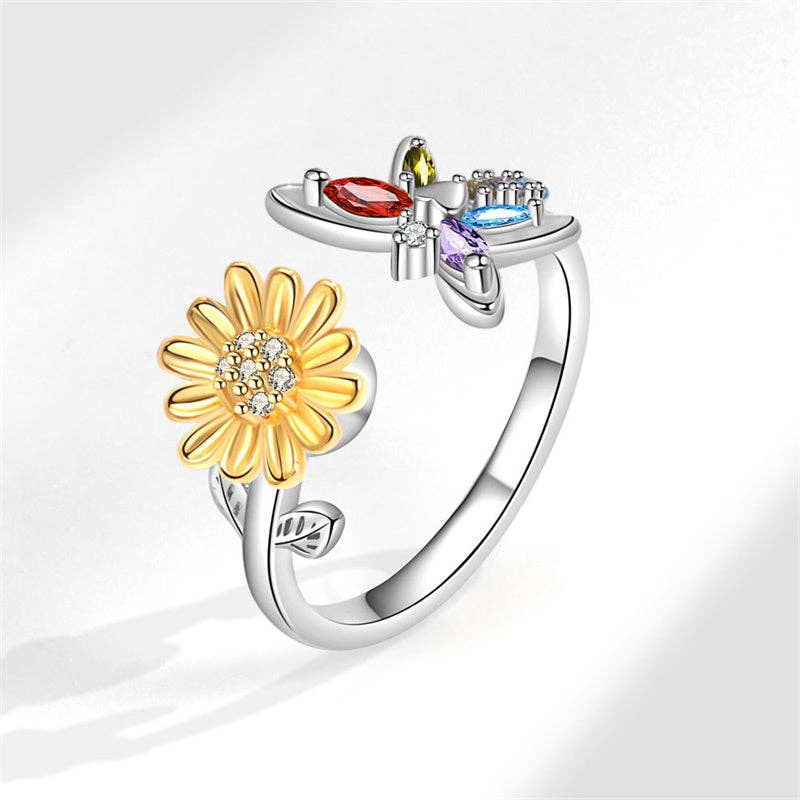 Gold Sunflower Dragonfly Fidget Spinner Ring in Solid Copper
