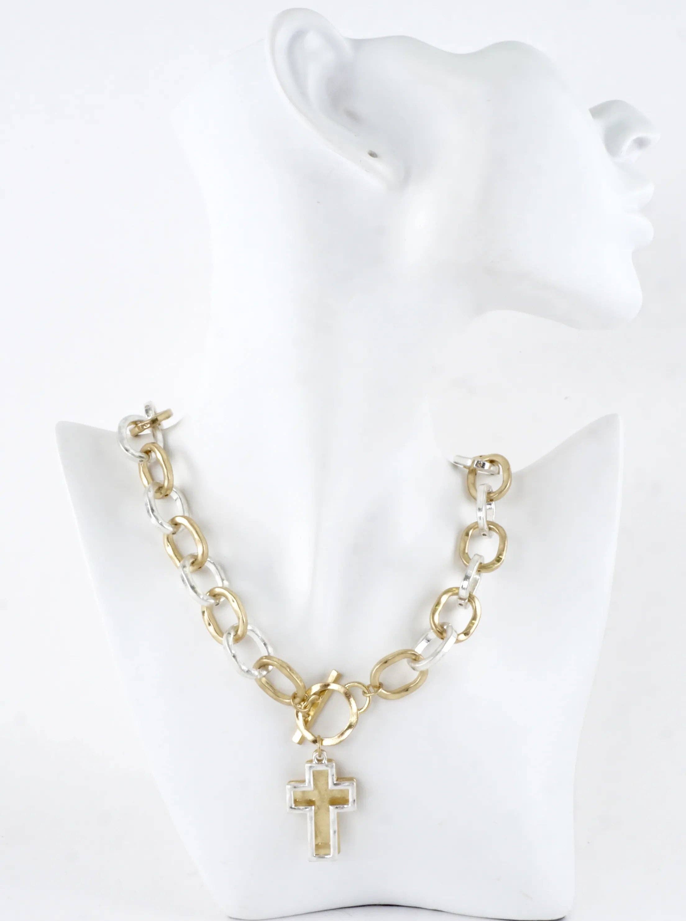 Chunky Hammered Two Cross Toggle Pendant Necklace